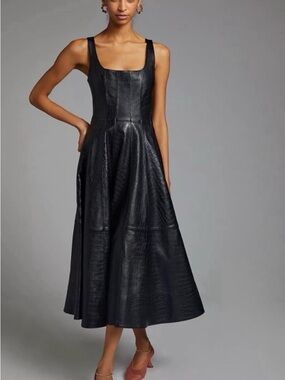 Avec Les Filles Black Faux-Leather Croc-embossed Midi Dress